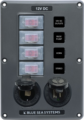 Blue Sea 4321 Water-Resistant Breaker Panel - Gray 4 pos. + 12 Volt Socket and Dual USB Charger